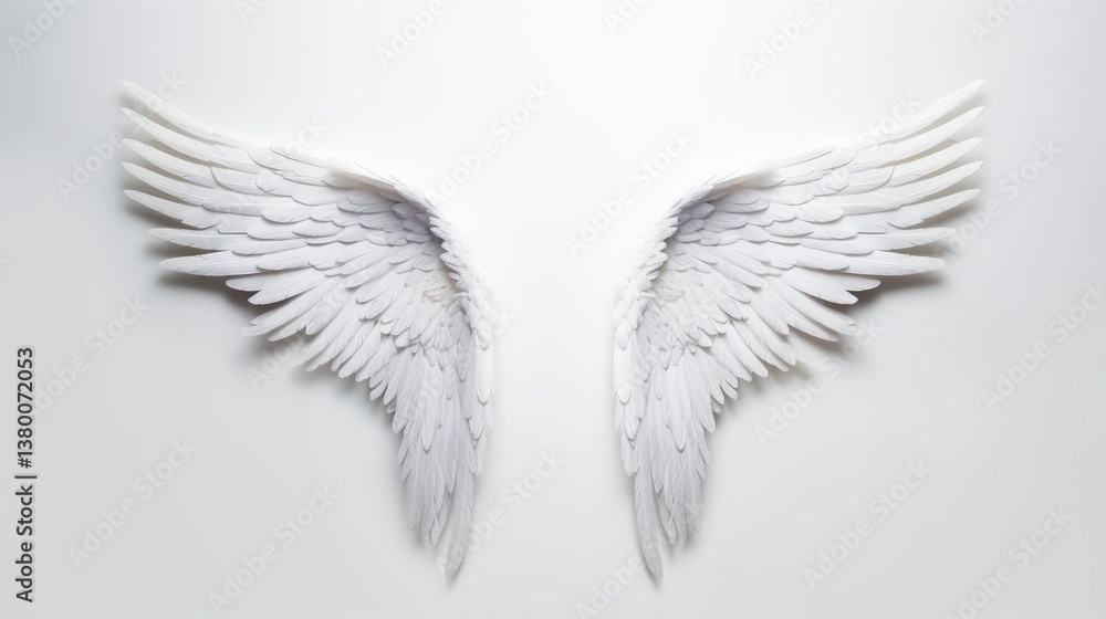 Obraz premium Beautifully crafted white angel wings are displayed against a plain white background, evoking feelings of serenity and ethereal beauty. The intricate details enhance their elegant appearance