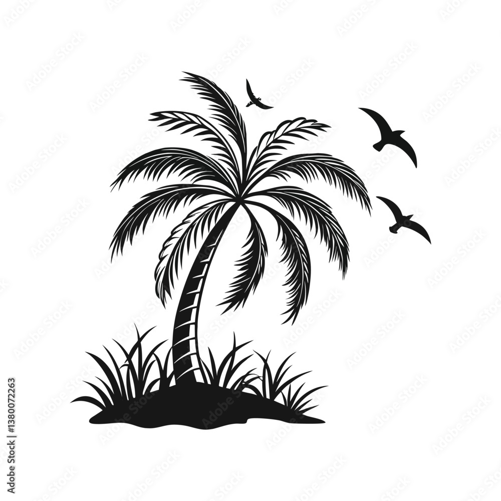 Tropical Palm Tree Silhouette with Flying Birds Tropical Palm Tree Silhouette with Flying Birds