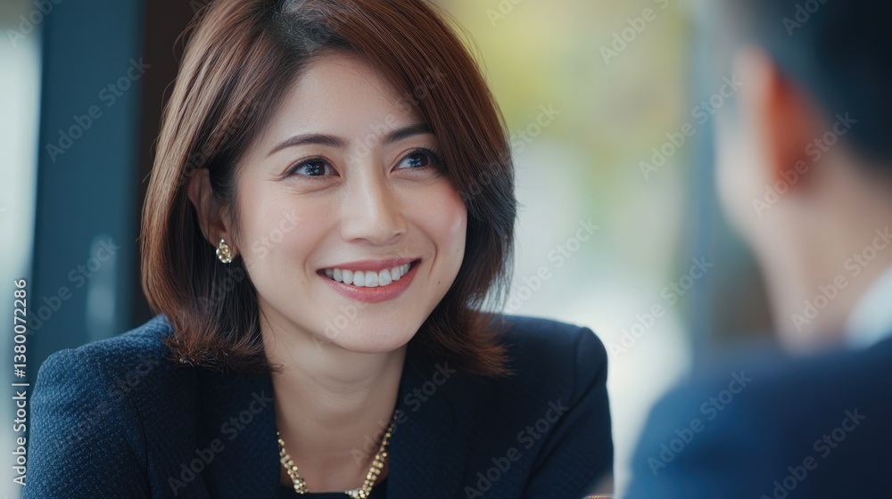 Fototapeta premium Young, professional female executive with smile on her face during conversation.