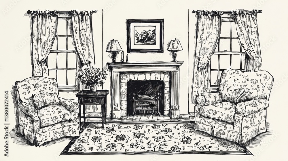 Fototapeta premium Hand drawn sketch of vintage cozy living room with armchairs, fireplace, floral curtains and patterned carpet