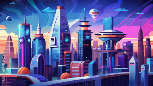 Future city skyline panorama 3D scene. Futuristic cityscape creative concept illustration: skyscrapers, towers, tall buildings, flying vehicles. Panoramic urban view of megapolis town, sky