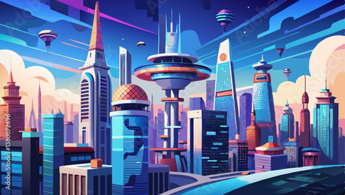 Future city skyline panorama 3D scene. Futuristic cityscape creative concept illustration: skyscrapers, towers, tall buildings, flying vehicles. Panoramic urban view of megapolis town, sky