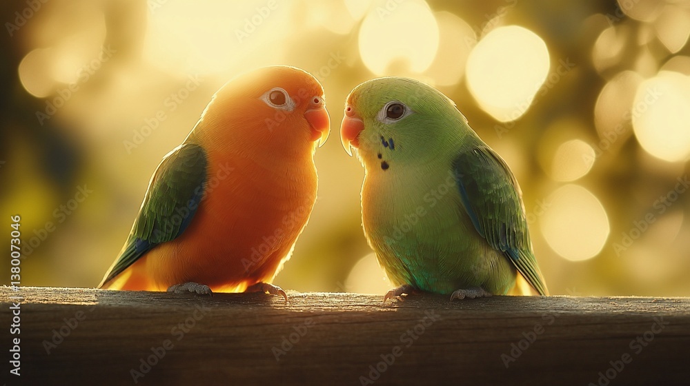 Fototapeta premium Sunset Lovebirds Perched on Railing