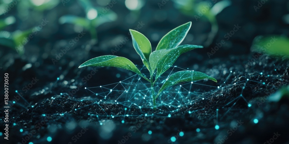 Green plant sprouting in soil with glowing blue molecules.