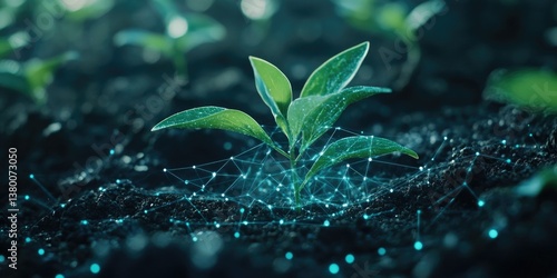 Obraz na płótnie Green plant sprouting in soil with glowing blue molecules. w salonie