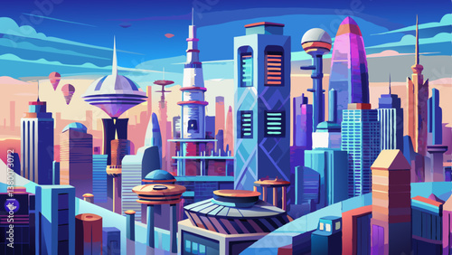 Future city skyline panorama 3D scene. Futuristic cityscape creative concept illustration: skyscrapers, towers, tall buildings, flying vehicles. Panoramic urban view of megapolis town, sky