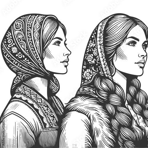 Russian women in detailed folk costumes and headscarves, Slavic heritage and cultural beauty in vintage style sketch engraving generative ai vector illustration. Scratch board. Black and white.