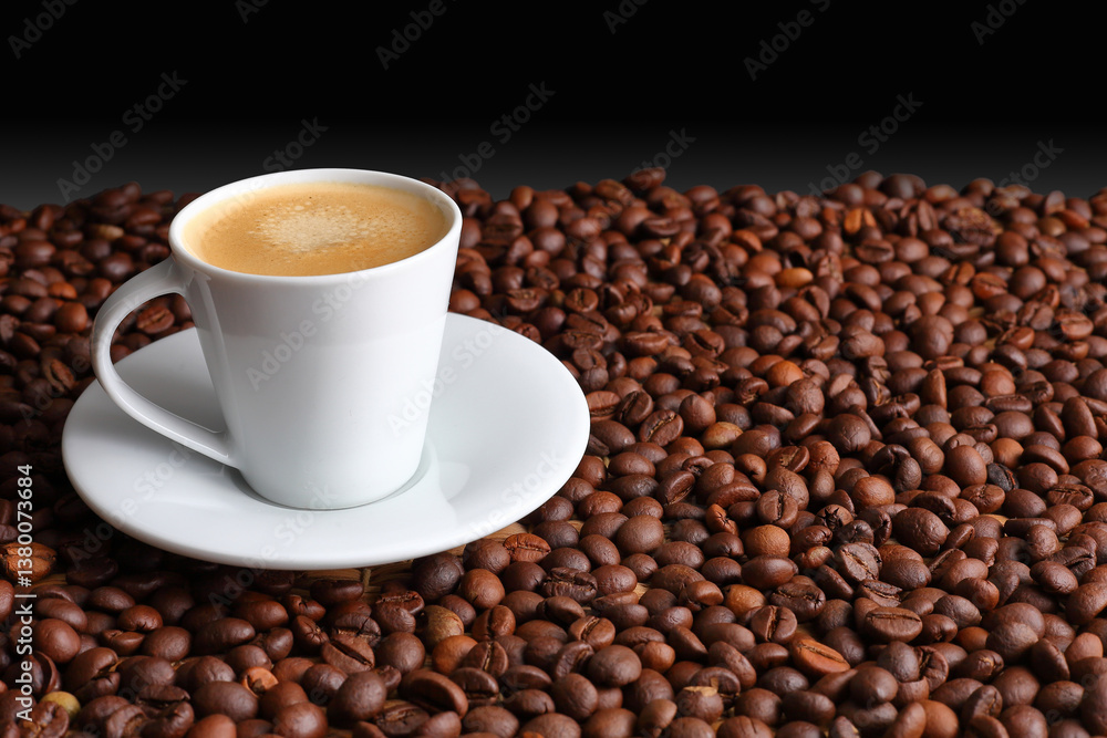 Elegant White Coffee Cup with Espresso coffee and Dark Roast Beans Elegant White Coffee Cup with Espresso coffee and Dark Roast Beans