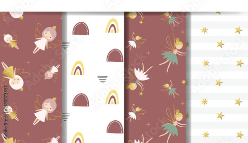 Set of fairytale childish backgrounds with fairies, stars, flowers. Cute cartoon pattern with gold glitter