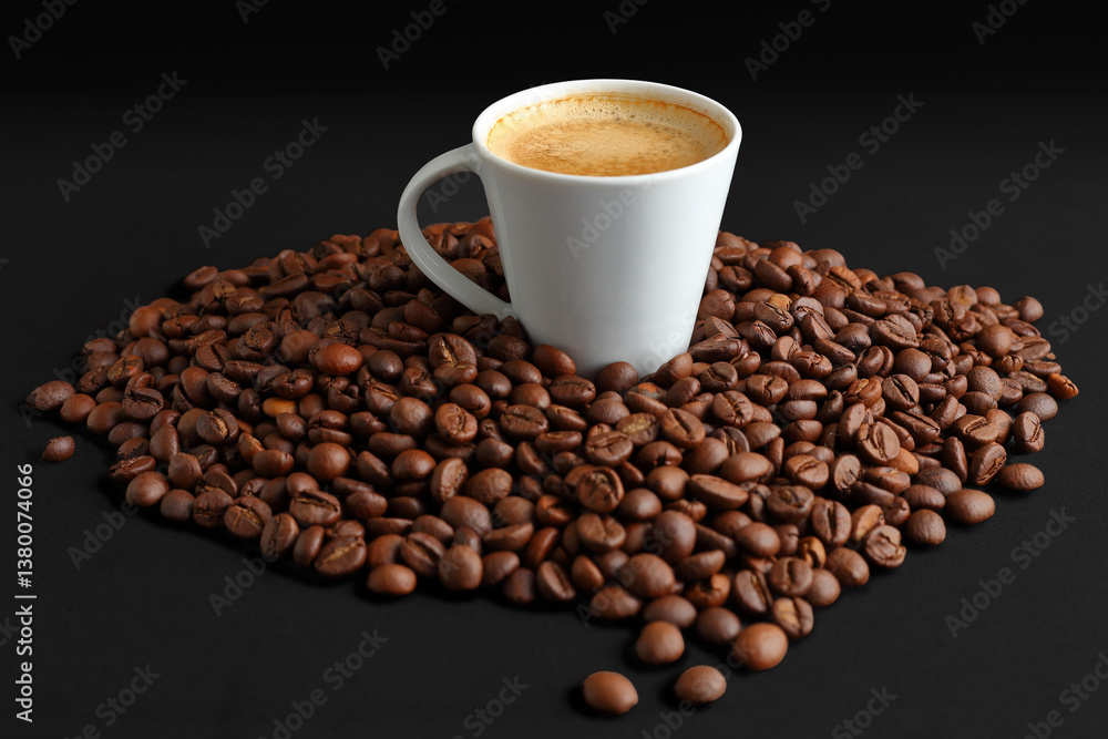Black Background with a White Cup of Espresso coffee and Dark Roasted Beans Black Background with a White Cup of Espresso coffee and Dark Roasted Beans