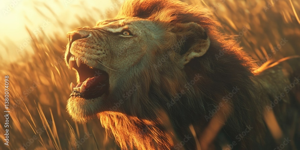 Naklejka premium A majestic lion roars into the clearing, displaying its powerful vocal chords.