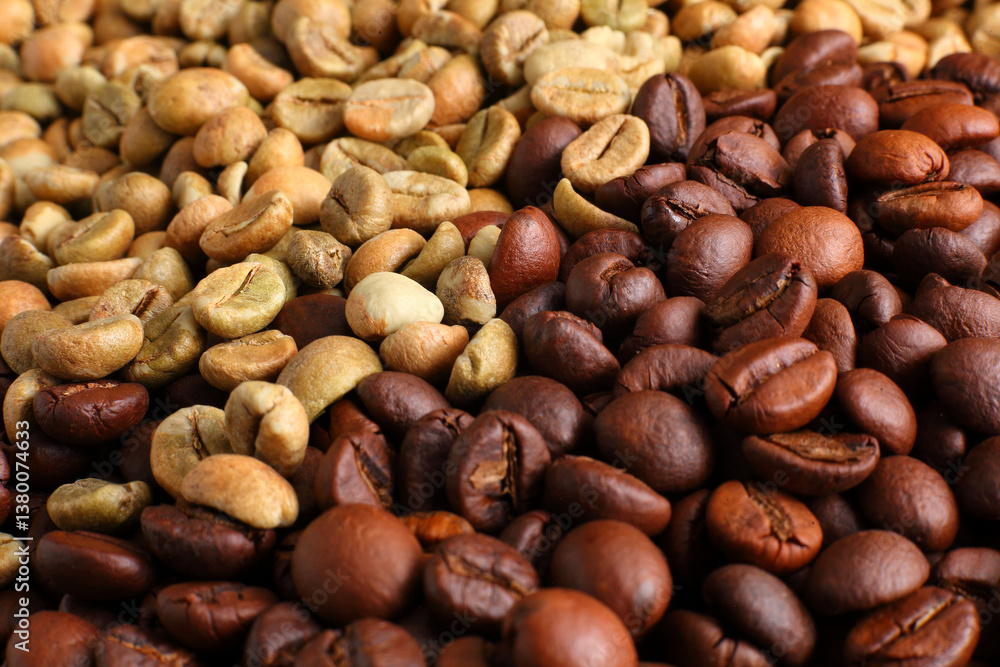 Contrast of Green and Roasted Coffee Beans in a Close-Up View Contrast of Green and Roasted Coffee Beans in a Close-Up View