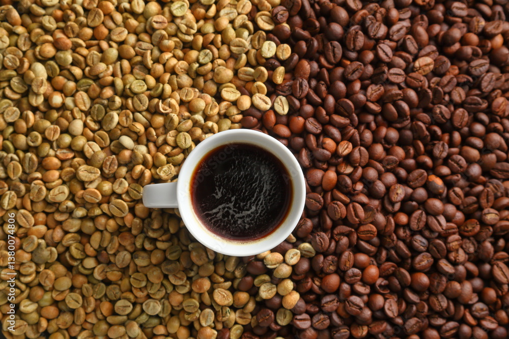 Freshly Brewed Coffee in a Mug with Coffee Beans Around Freshly Brewed Coffee in a Mug with Coffee Beans Around