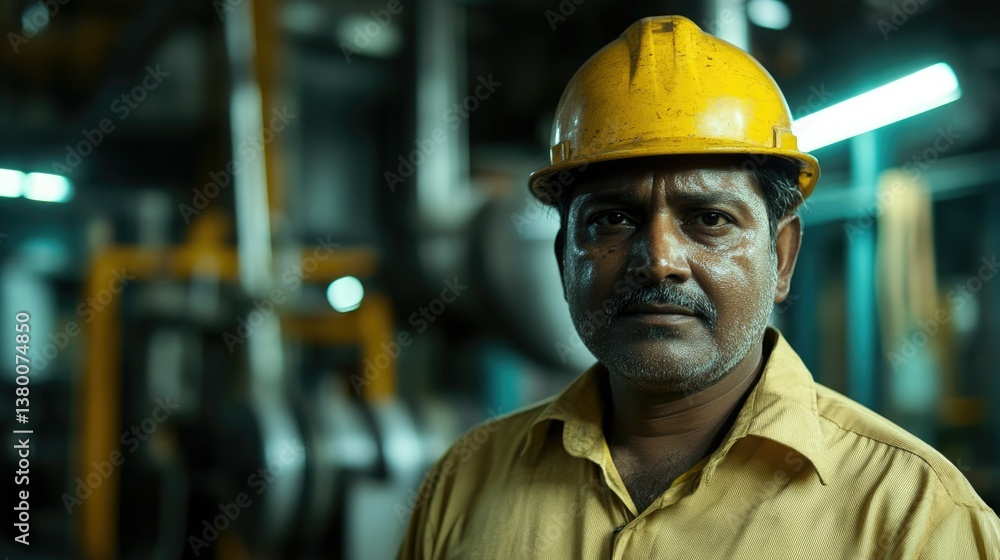A worker in a construction or industrial environment wearing safety gear. A worker in a construction or industrial environment wearing safety gear.