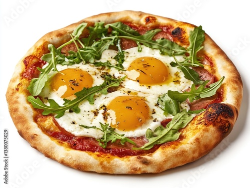 Close-up of a gourmet pizza with fresh eggs, bacon and arugula. A unique combination for a delicious and healthy Italian meal.