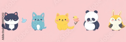 Cute cartoon animal sticker pack featuring adorable cats, dogs, bunnies, pandas, and birds on a soft pastel background designed for expressive communication