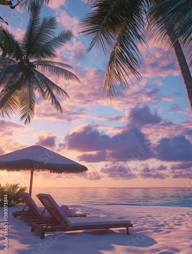 Peaceful beach scene at sunset with palm trees, sandy beach and ocean view. Lounge chairs under a cozy umbrella provide a spot for relaxation and enjoyment of the tropical setting.