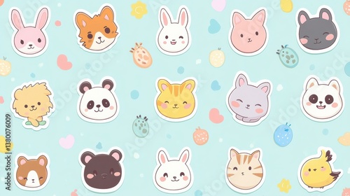 Cute cartoon animal stickers featuring cats, dogs, bunnies, pandas and birds on a pastel background perfect for decorations and scrapbooking
