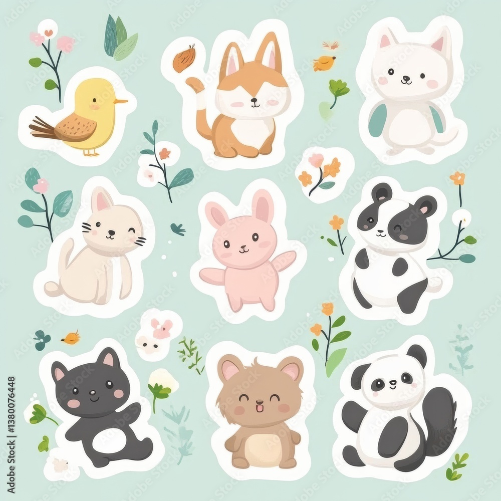Fototapeta premium Cute cartoon animal sticker pack featuring playful cats, dogs, bunnies, pandas, and cheerful birds on a pastel background, perfect for decoration
