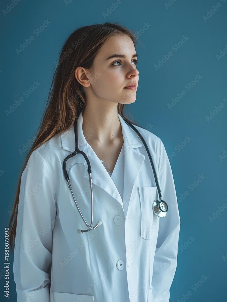 A young woman wearing a white medical coat and stethoscope, standing against a blue wall. A young woman wearing a white medical coat and stethoscope, standing against a blue wall.