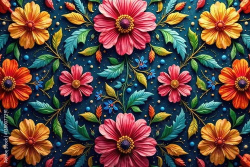 Intricate floral textile design, repeating motif , spring, embroidered, classic