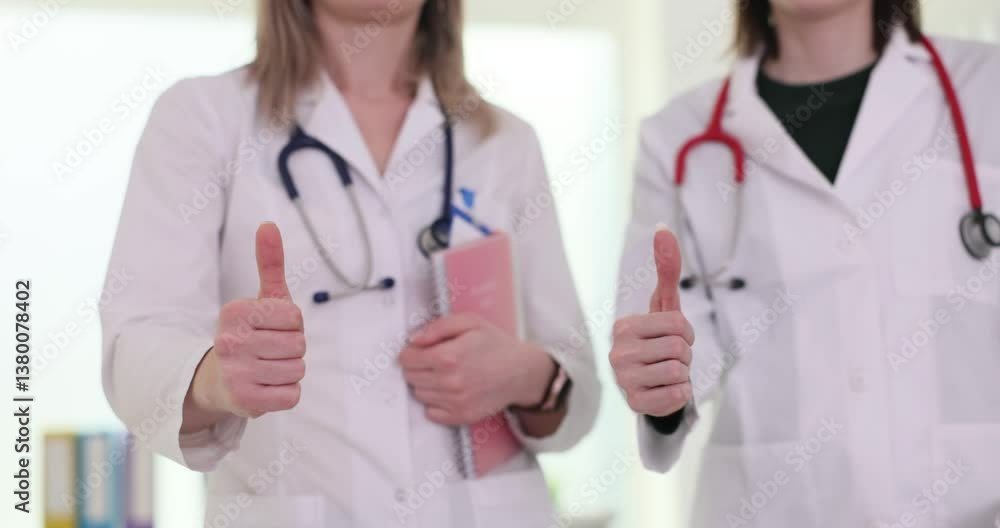 Women physicians in white lab coats give thumbs-up gesture. Experienced doctors indicate successful completion of appointment in office. Slow motion Women physicians in white lab coats give thumbs-up gesture. Experienced doctors indicate successful completion of appointment in office. Slow motion