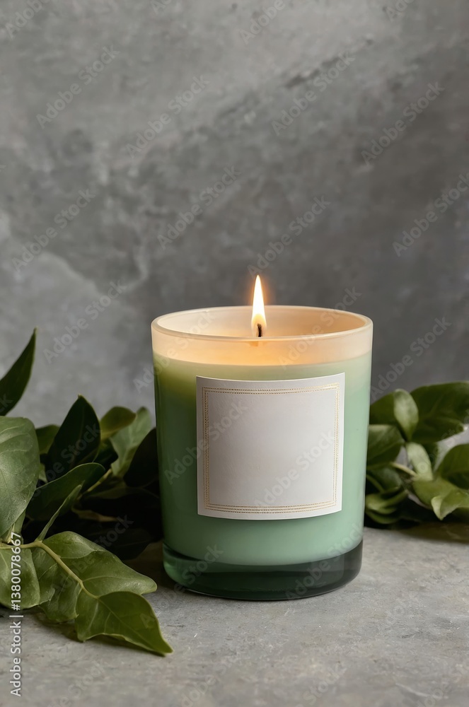 Fototapeta premium Elegant candle glowing with a warm flame surrounded by fresh greenery on a textured surface