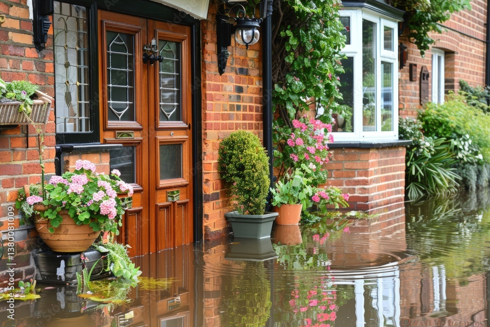A flooded entrance to a home surrounded by greenery and flowers, showcasing waterlogged pots and the impact of heavy rainfall on residential areas. A flooded entrance to a home surrounded by greenery and flowers, showcasing waterlogged pots and the impact of heavy rainfall on residential areas.