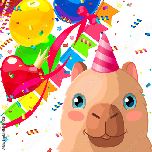 vector capybara animal. Cartoon happy birthday party clip art. Hand drown design card. 