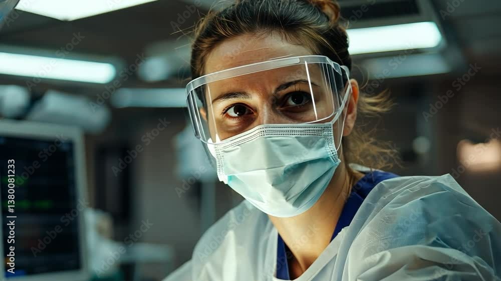 A surgeon wearing scrubs and a face shield, preparing for a complex operation under bright surgical lights. A surgeon wearing scrubs and a face shield, preparing for a complex operation under bright surgical lights.