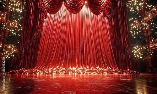 A grand theater stage with rich red curtains, illuminated by sparkling lights, ready for a performance