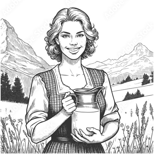 happy woman in traditional Bavarian dress holding a milk jug in an alpine landscape sketch engraving generative ai fictional character vector illustration. Scratch board. Black and white image.
