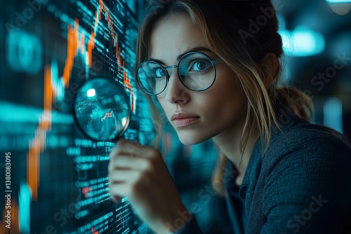 A woman analyzes a data screen using a magnifying glass