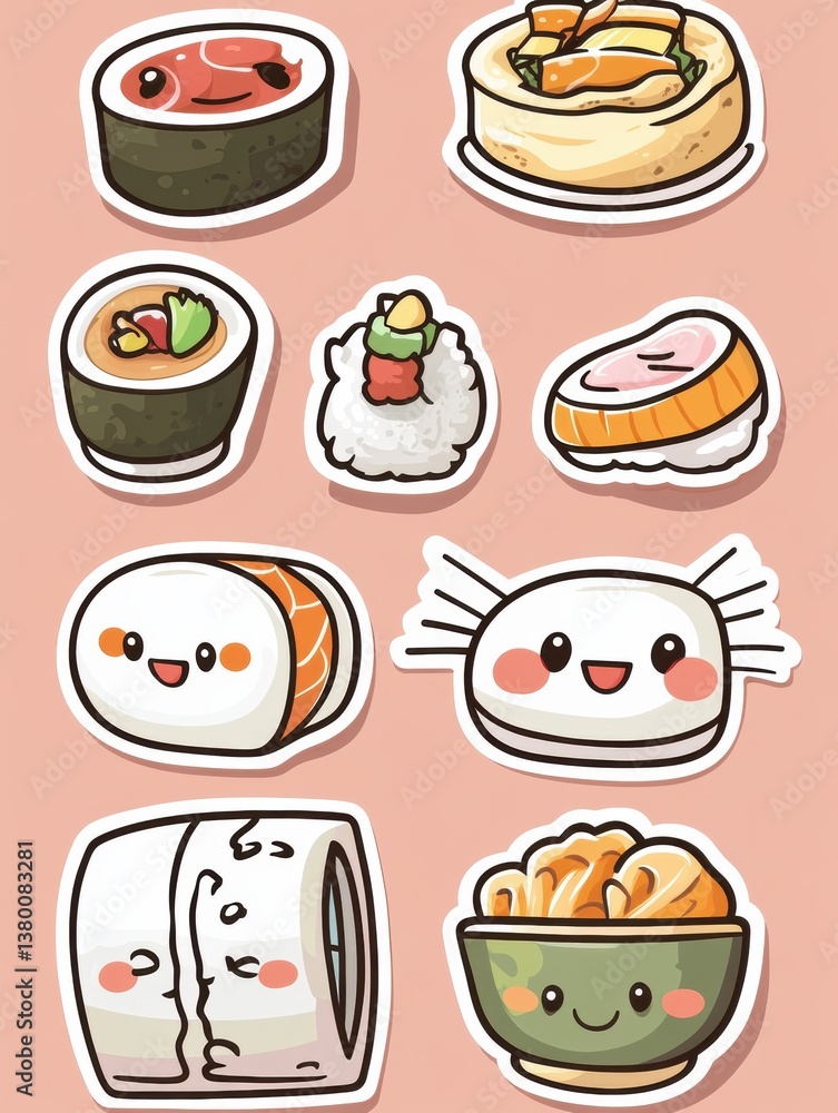 Cute sushi and ramen sticker icons showcasing kawaii Japanese aesthetics for decoration or creative projects Cute sushi and ramen sticker icons showcasing kawaii Japanese aesthetics for decoration or creative projects