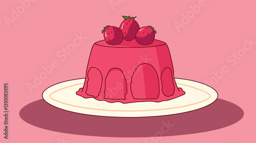 Pink jelly dessert with strawberries on plate against pink background flat vector illustration