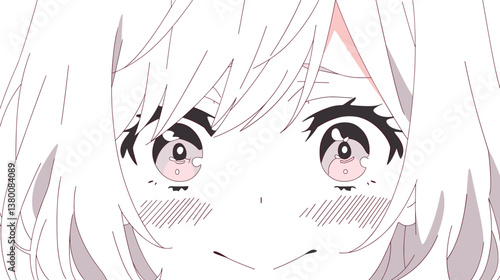 Anime girl with blushing cheeks and sparkling eyes flat vector illustration