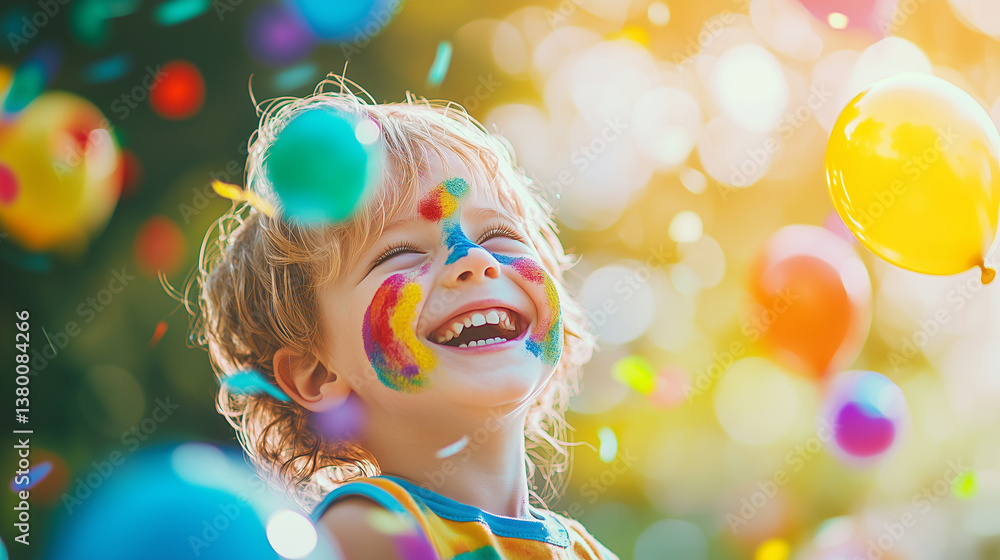 A child's joyful face with colorful paint, rainbow balloons, and confetti, celebrating International Children's Day with happiness and playfulness. A child's joyful face with colorful paint, rainbow balloons, and confetti, celebrating International Children's Day with happiness and playfulness.