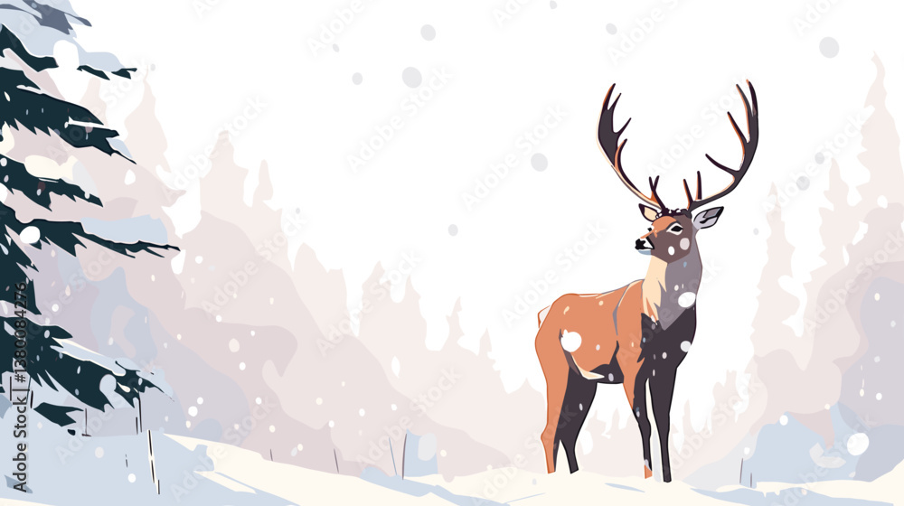 Majestic deer in winter forest with falling snowflakes and evergreen trees flat vector illustration Majestic deer in winter forest with falling snowflakes and evergreen trees flat vector illustration
