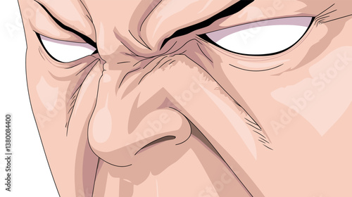 Close-up anime face with intense expression and wrinkles flat vector illustration