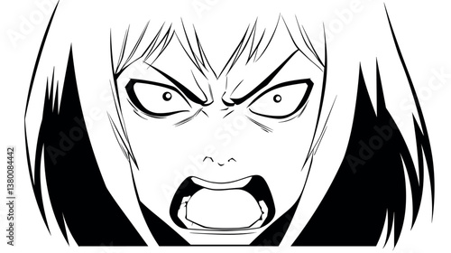 Intense anime character scream black and white illustration flat vector illustration