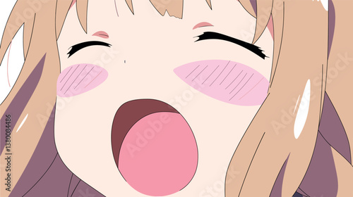 Animated girl expressing joy with open mouth and blushing cheeks flat vector illustration
