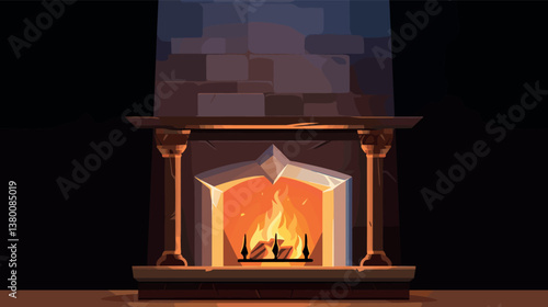 Cozy fireplace with burning fire and rustic stone chimney in night setting flat vector illustration