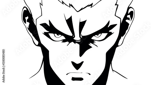 Black and white anime style illustration of intense male character flat vector illustration