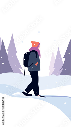 Asian female teen walking in snowy winter forest flat vector illustration