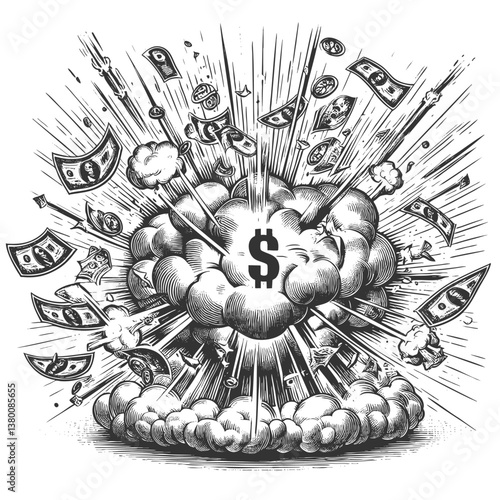 powerful explosion bursting with flying money, coins, and a bold dollar symbol at center sketch engraving generative ai vector illustration. Scratch board imitation. Black and white image.