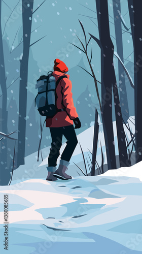 Young asian female hiking in snowy winter forest wearing red jacket and backpack flat vector illustration
