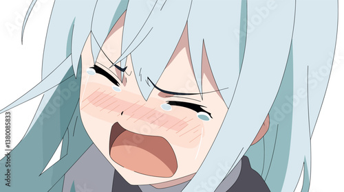 Anime girl crying with blue hair and blushing cheeks flat vector illustration