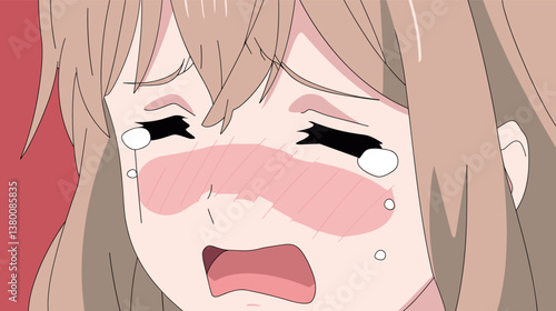 Anime girl crying with tears and blush in emotional expression flat vector illustration