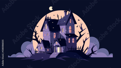 Haunted gothic mansion with full moon and bats at night flat vector illustration