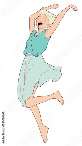 Happy young caucasian female character in cheerful jump with arms raised flat vector illustration